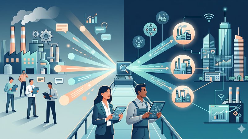 Современная иллюстрация стратегии Account Based Marketing для промышленного предприятия в футуристическом стиле 2026 года